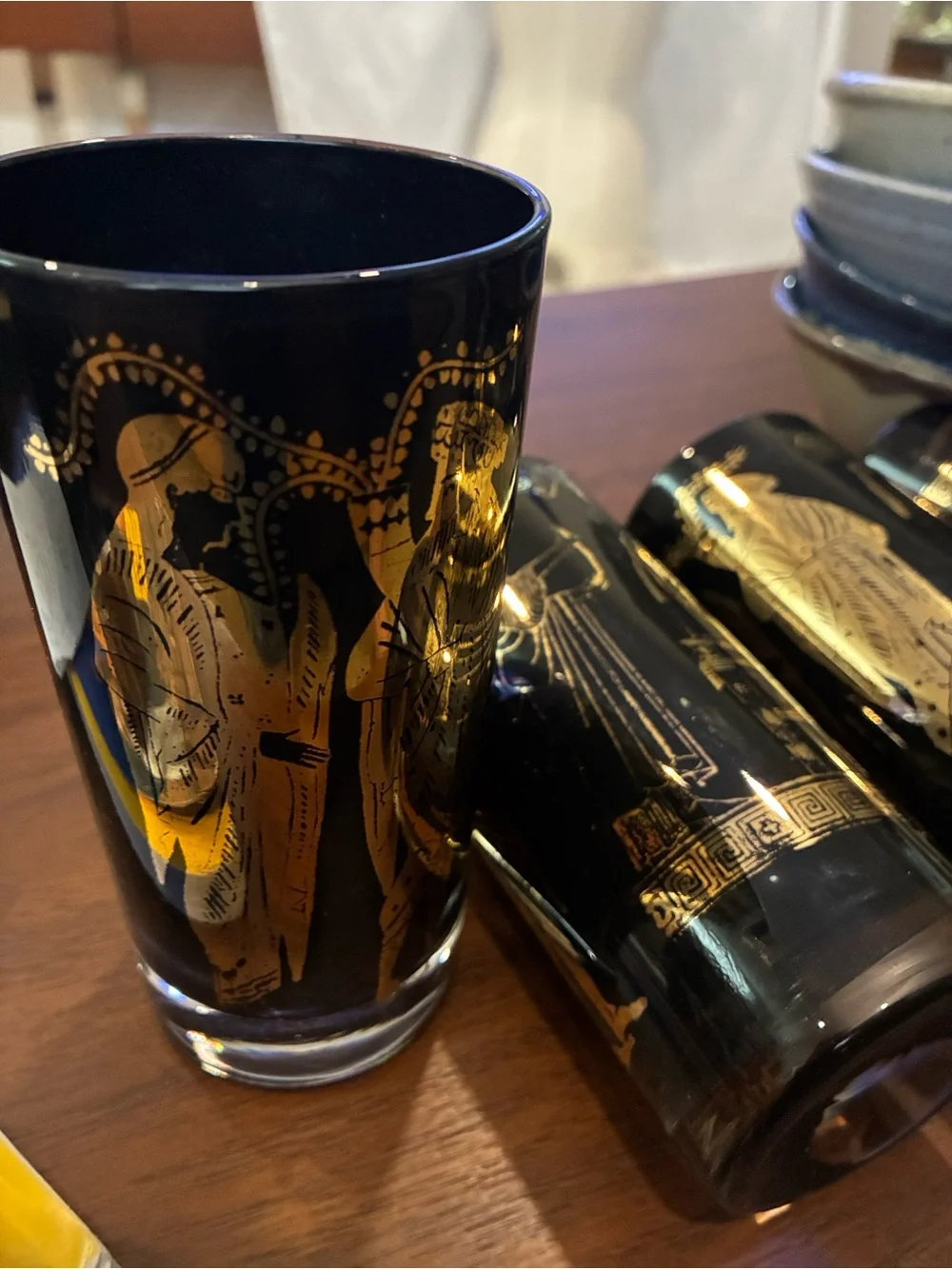Egyptian Revival High Ball Black Gold Greek Motif Glass Tumblers - Set of 4 FAB!